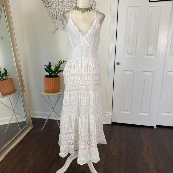 Boho White Lace Layered Tiered Cotton Midi Maxi Dress Magic L - Picture 4 of 8